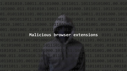 Cyber attack malicious browser extensions text in foreground screen, anonymous hacker hidden with hoodie in the blurred background. Vulnerability text in binary system code on editor program.