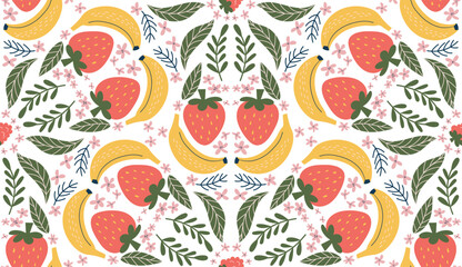 Cheerful seamless pattern featuring illustrations of bananas, red strawberries, pink flowers, and green leaves, arranged in a diamond-shaped design. Modern, organic vector style with flat colors.