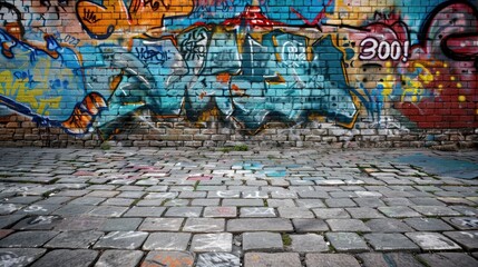 Naklejka premium Urban Graffiti Wall and Cobblestone Street