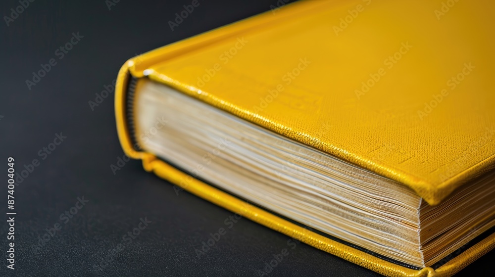 Poster yellow book with close up binding on matte black background with copy space on the left side