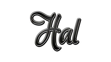 black metal 3d design of name Hal on white background.