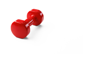 Red dumbbell isolated with shadow on transparent background. Selective focus.
