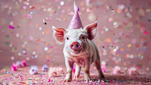 Piglet in a festive hat against a background of soft pink confetti