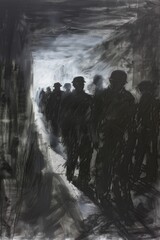 Graphite and style chalk drawing depicting a World War II prisoner of war (POW) camp. It shows silhouetted prisoners, capturing the historical essence of wartime scenes. 