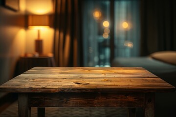 Table-top view of beside table or nightstand on blurred cozy night