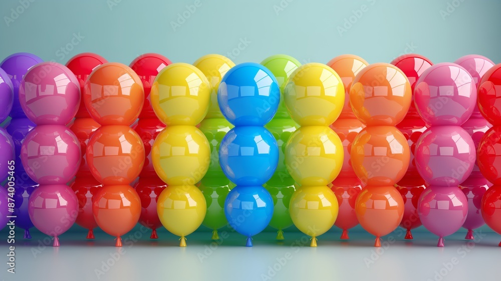 Poster a row of colorful balloons stacked on top of each other. the balloons are of different colors and si