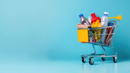 a shopping cart full of products on blue background