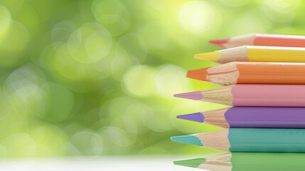 A Rainbow of Colored Pencils Against a Green Blur