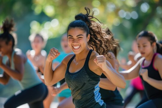 Cardio exercise class BODYCOMBAT adult smile determination.