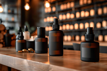 Empty dark frosted glass bottles for perfume or lotion, for hair, beard and skin care products in a shop or barbershop , copy space  for advertising or branding mockup