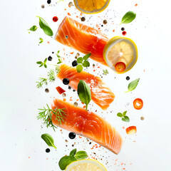 Salmon slices with chopped lemon in the air on a white background