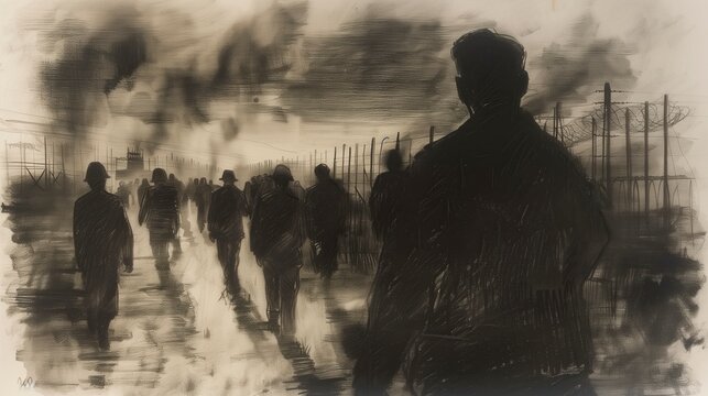 Graphite and style chalk drawing depicting a World War II prisoner of war (POW) camp. It shows silhouetted prisoners, capturing the historical essence of wartime scenes. 