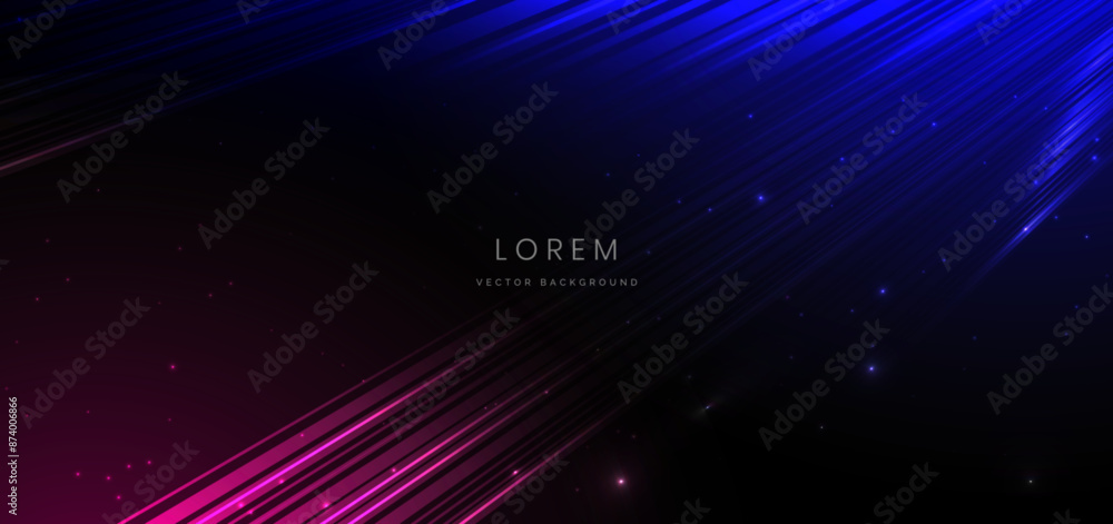 Poster abstract futuristic neon glowing blue and red diagonal lines with speed motion blur effect on dark b