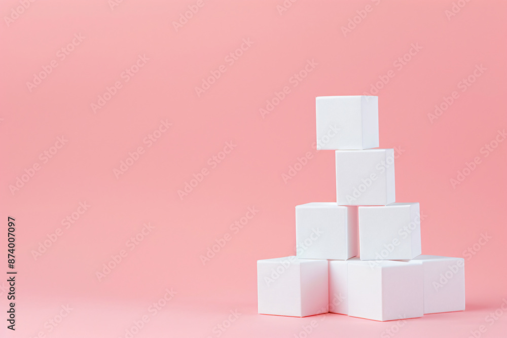 Poster a minimalist composition of four white cubes on a pastel pink background, creating an elegant and cl