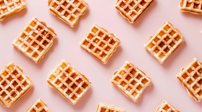 Pattern with Viennese waffles on light pink background, top view, minimal flat lay style.