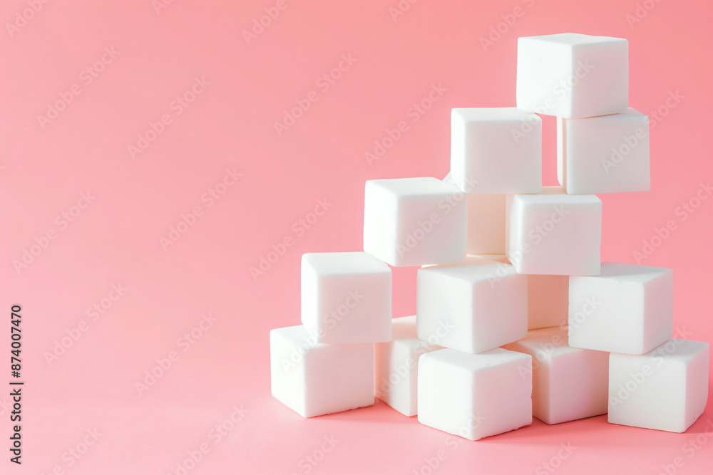 Poster a minimalist composition of four white cubes on a pastel pink background, creating an elegant and cl