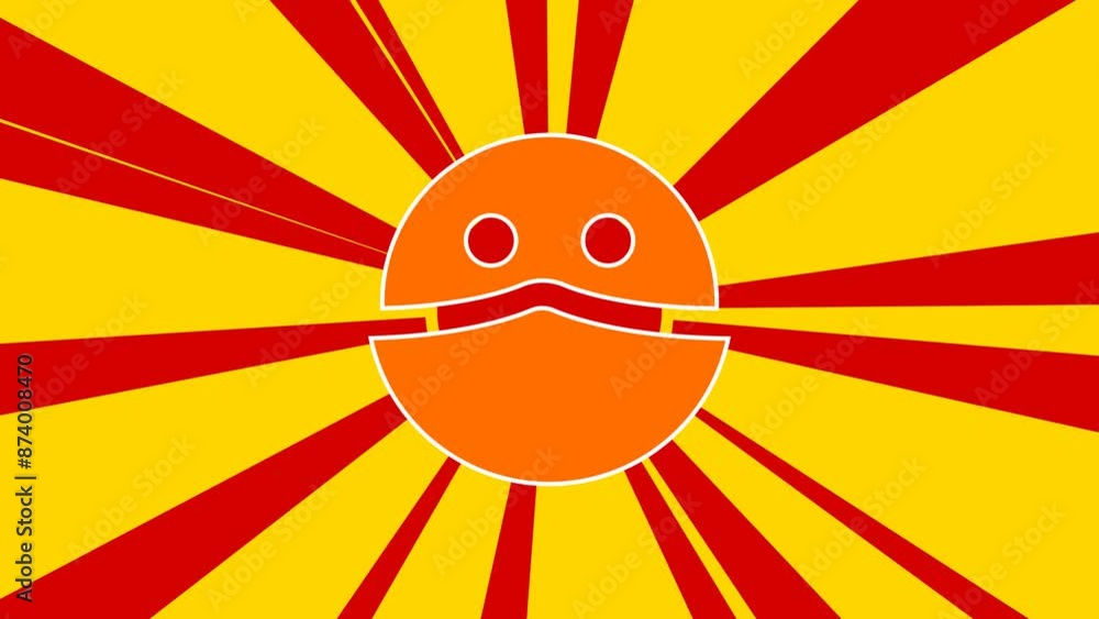 Poster masked face symbol on the background of animation from moving rays of the sun. large orange symbol i