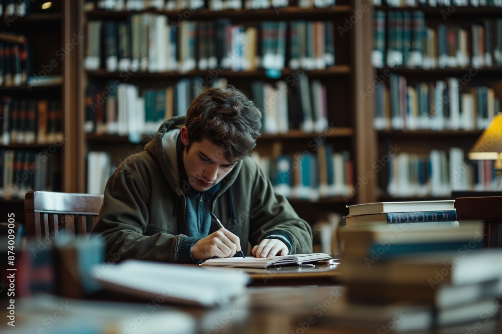 Wall mural college student is diligently taking notes from a textbook while preparing for an exam in the campus