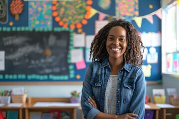 Confident teacher in colorful classroom with happy kids learning. African American woman stands smiling, nurturing young minds