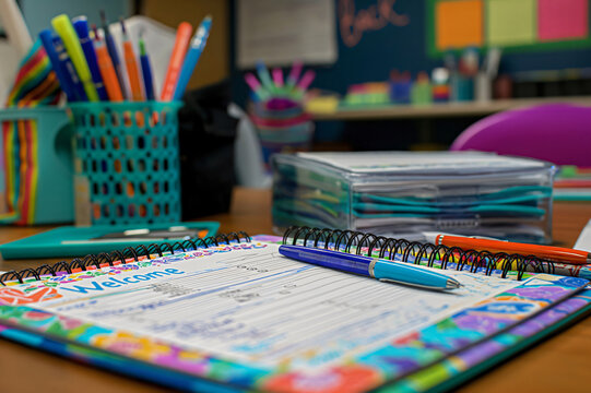 Open teacher planner sitting on a desk showing the welcome message for a new school year