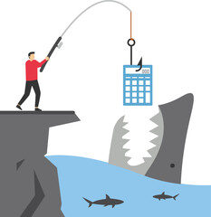 Obraz premium Financial accounting fraud. Businessman takes a calculator from a bear trap. Vector