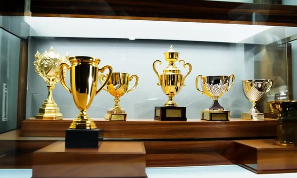 A glass case made of wooden elements, filled with gold and silver trophies.