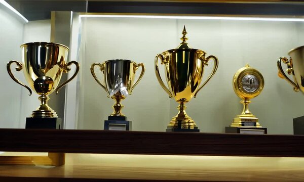 A glass case made of wooden elements, filled with gold and silver trophies.