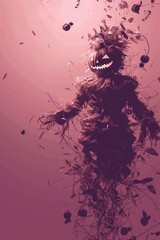 scary scarecrow made of straw on a lilac background Halloween poster. Festive banner for Happy Halloween