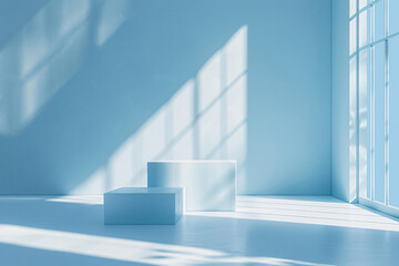 Obraz premium Abstract background with shadows of a window on a light blue wall and a cube podium for product presentation, minimal scene design, high resolution photography in the style of window on light blue wal