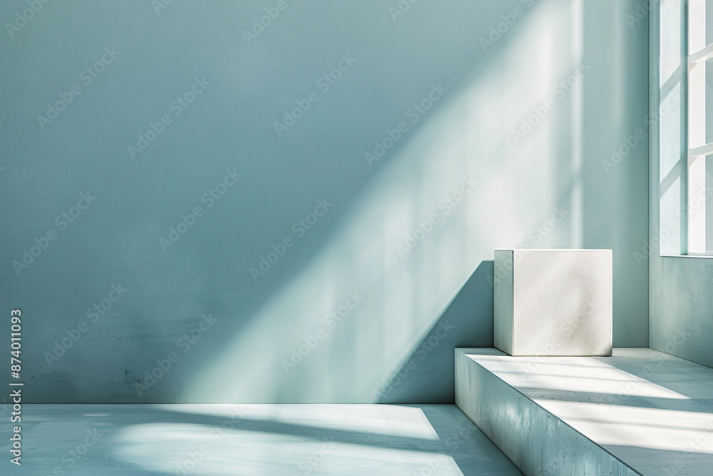 Poster abstract background with shadows of a window on a light blue wall and a cube podium for product pres