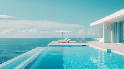 Fototapeta premium Luxurious modern hotel with swimming pool. Sun lounger on the terrace for a country house or hotel. Sea view.