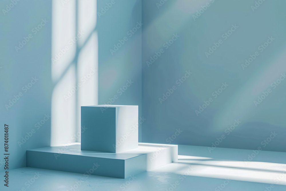 Poster abstract background with shadows of a window on a light blue wall and a cube podium for product pres