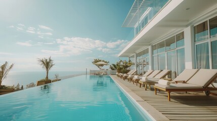 Fototapeta premium Luxurious modern hotel with swimming pool. Sun lounger on the terrace for a country house or hotel. Sea view.
