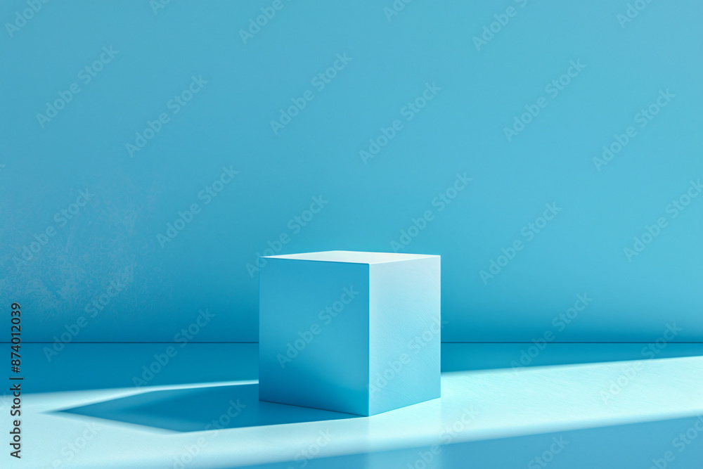 Poster abstract background with shadows of a window on a light blue wall and a cube podium for product pres