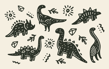 dinosaurs hand drawn doodle sketch set, vector collection with abstract elements