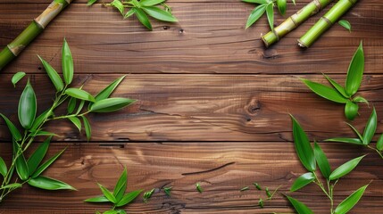 Top view of wooden background with green bamboo stems and empty space