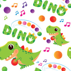 Vector seamless dinosaur pattern on white background. Dinosaur basketball player. Inscription Dinosaur. Dinosaur print. Dino vector. Textile.