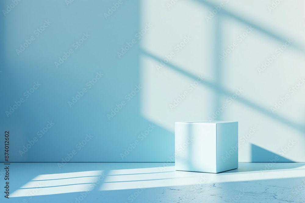 Poster abstract background with shadows of a window on a light blue wall and a cube podium for product pres
