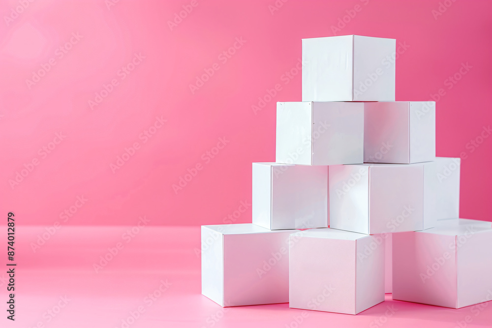 Poster a minimalist composition of four white cubes on a pastel pink background, creating an elegant and cl