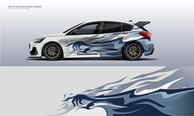 car wrap livery design Hatchback racing wrap decal or livery design.	Abstract racing graphics white with backround. Editable vector templates