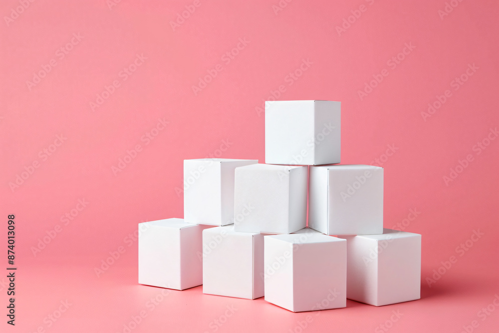 Poster a minimalist composition of four white cubes on a pastel pink background, creating an elegant and cl