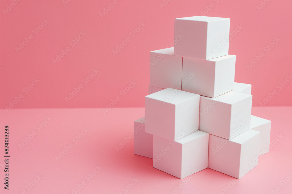 Poster a minimalist composition of four white cubes on a pastel pink background, creating an elegant and cl