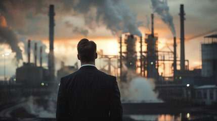 a man in a suit is looking at a factory, Ai Generated Images