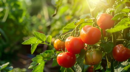 Ripe cherry tomatoes on the vine in a garden