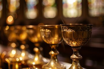 Intricately designed golden chalices on an altar with stained glass background and bokeh lights