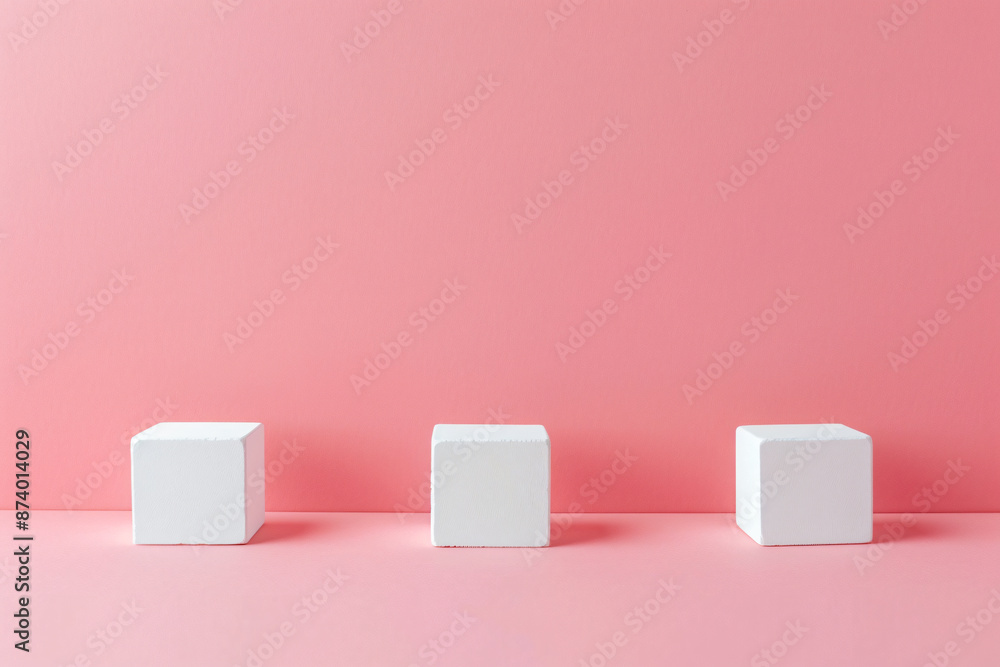 Poster a minimalist composition of four white cubes on a pastel pink background, creating an elegant and cl