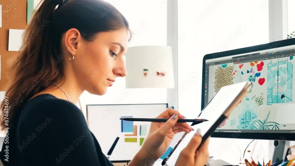 Poster a graphic designer engrossed in drawing on a digital tablet. her workspace is creatively arranged wi