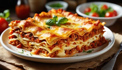 Delicious Lasagna with Melted Cheese and Basil.