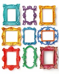 Colorful Frames Collection: Antique, Baroque Art Deco Frames on White Background