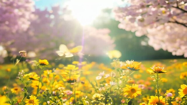 Sunlit blossoming garden with vibrant flowers